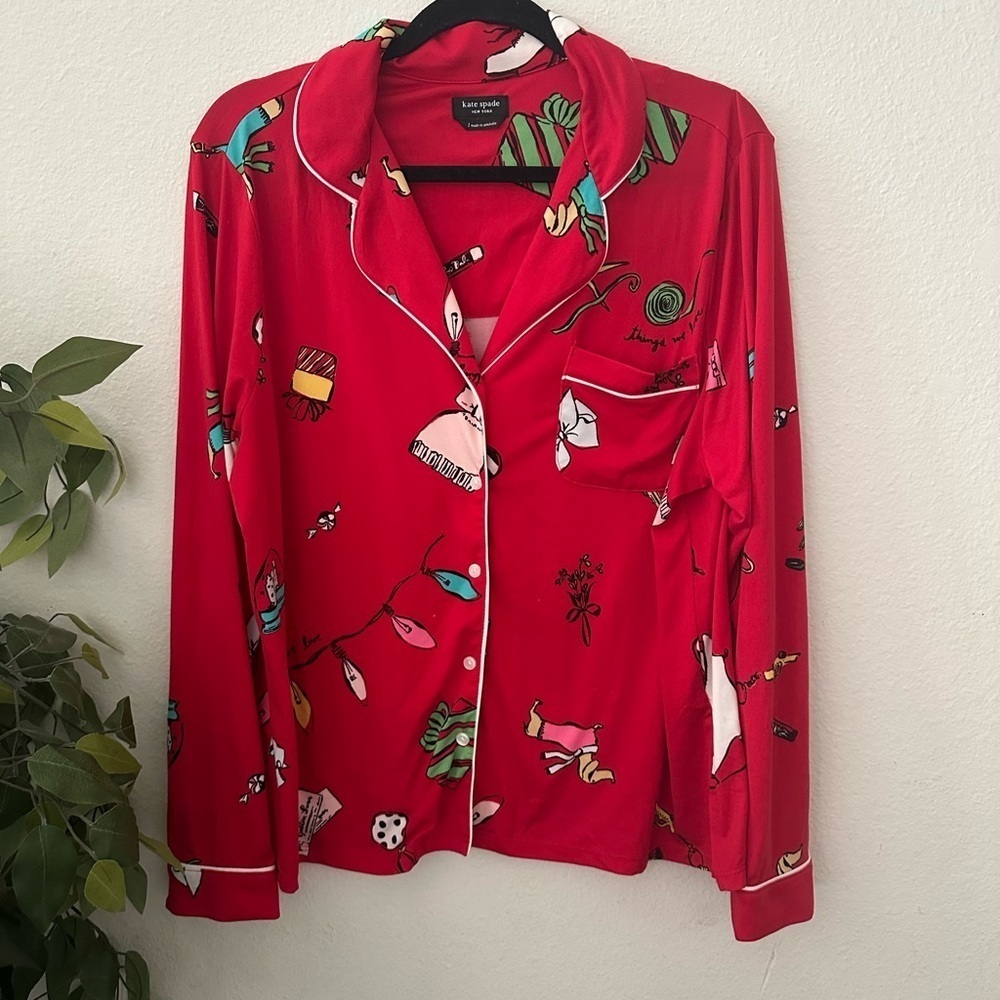 Beautiful Kate Spade Vibrant Red Top pajamas with Green Accents Sz S/M top only